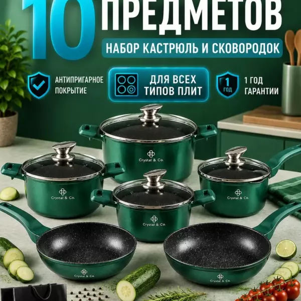 Кастрюля k10, Литой алюминий, 1,3 л, 2 л, 2,1 л, 10 предм.