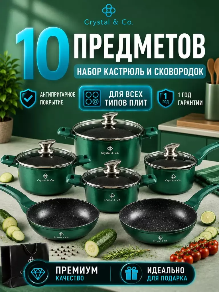 Кастрюля k10, Литой алюминий, 1,3 л, 2 л, 2,1 л, 10 предм.